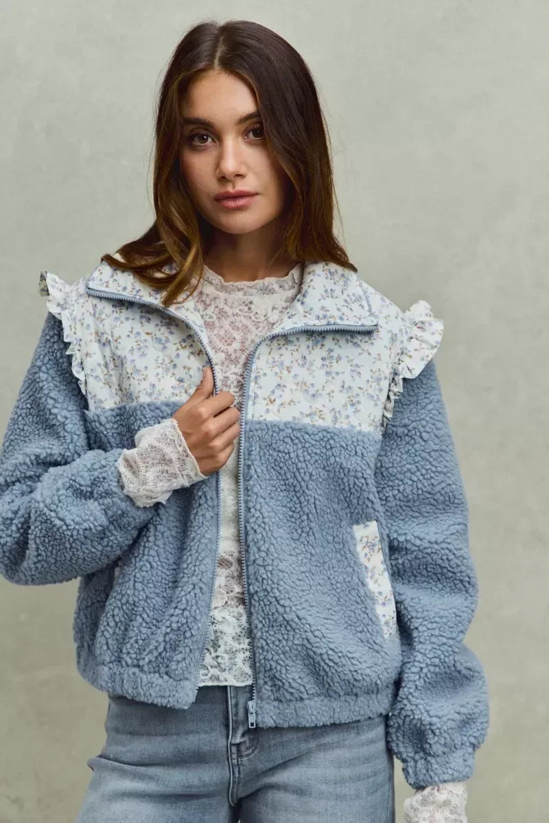 SO ME Faux Fur Sherpa Pull Jacket with Floral Contrast - Trendsi - Flyclothing LLC