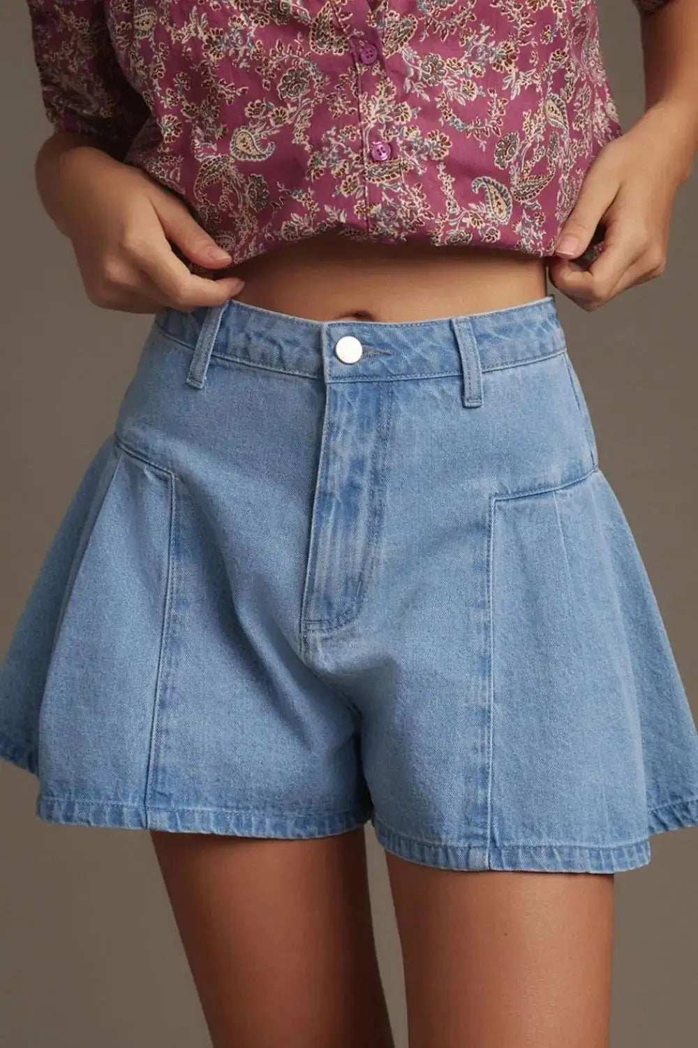 Pleated Patchwork Panel Lightweight Denim Shorts - Trendsi - Flyclothing LLC