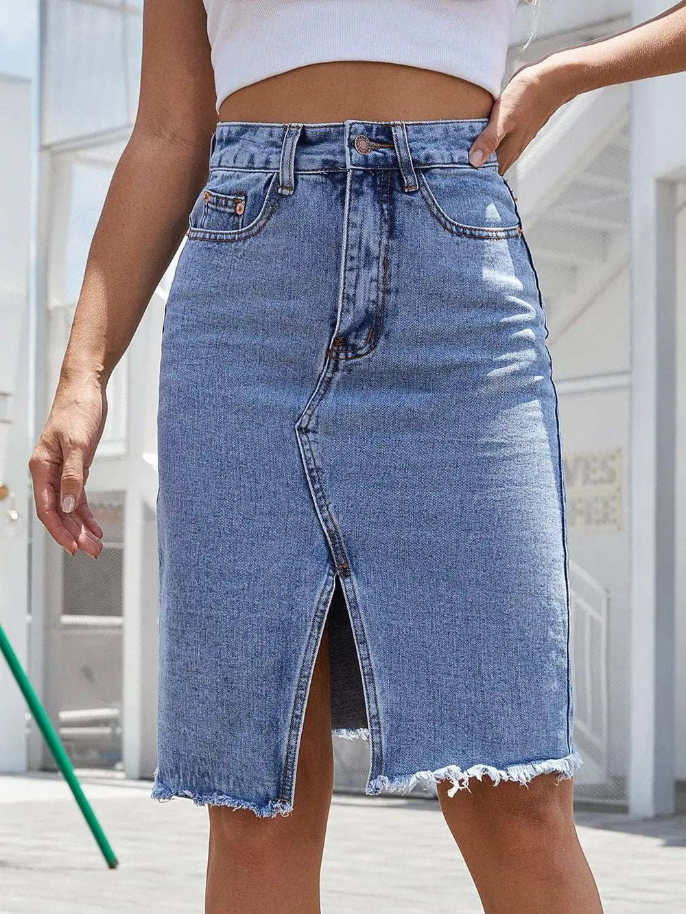 Raw Hem Slit Denim Skirt - Trendsi - Flyclothing LLC
