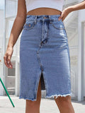 Raw Hem Slit Denim Skirt - Trendsi - Flyclothing LLC