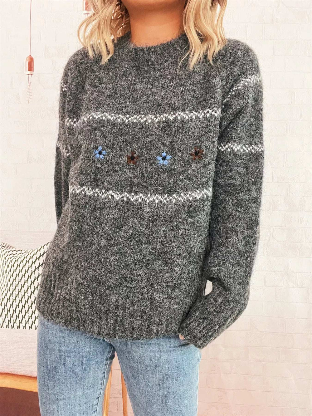 Ribbed Hem Flower Long Sleeve Sweater - Trendsi - Flyclothing LLC