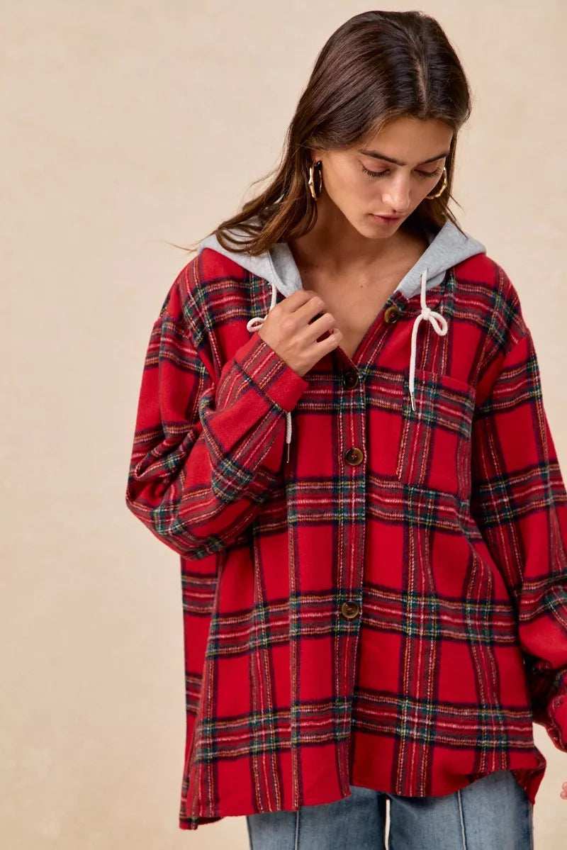BiBi Brushed Plaid Hooded Jacket - Trendsi - Flyclothing LLC