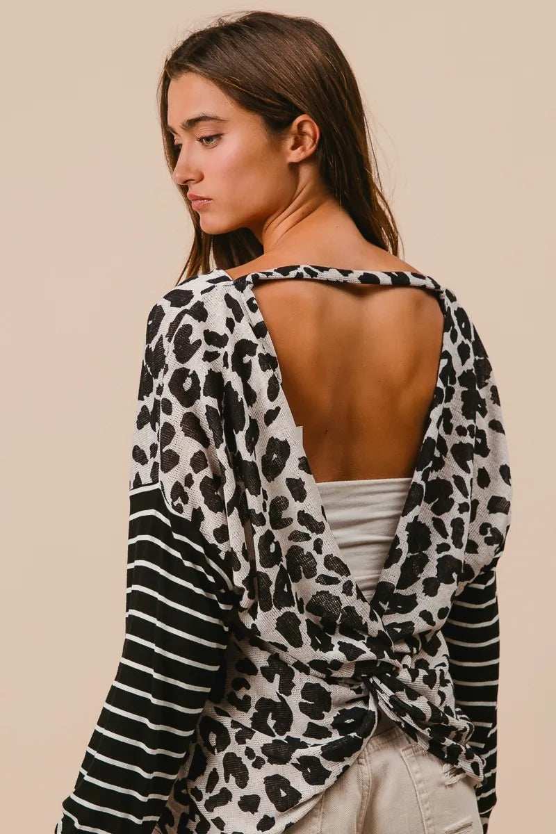 BiBi Leopard Hacci Knit Twist Back Top With Stripe Sleeve - Trendsi - Flyclothing LLC