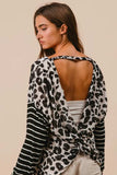 BiBi Leopard Hacci Knit Twist Back Top With Stripe Sleeve - Trendsi - Flyclothing LLC