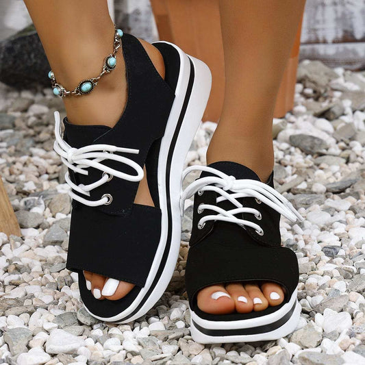 Open-Toe Lace Up Platform Sandals - Trendsi - Flyclothing LLC