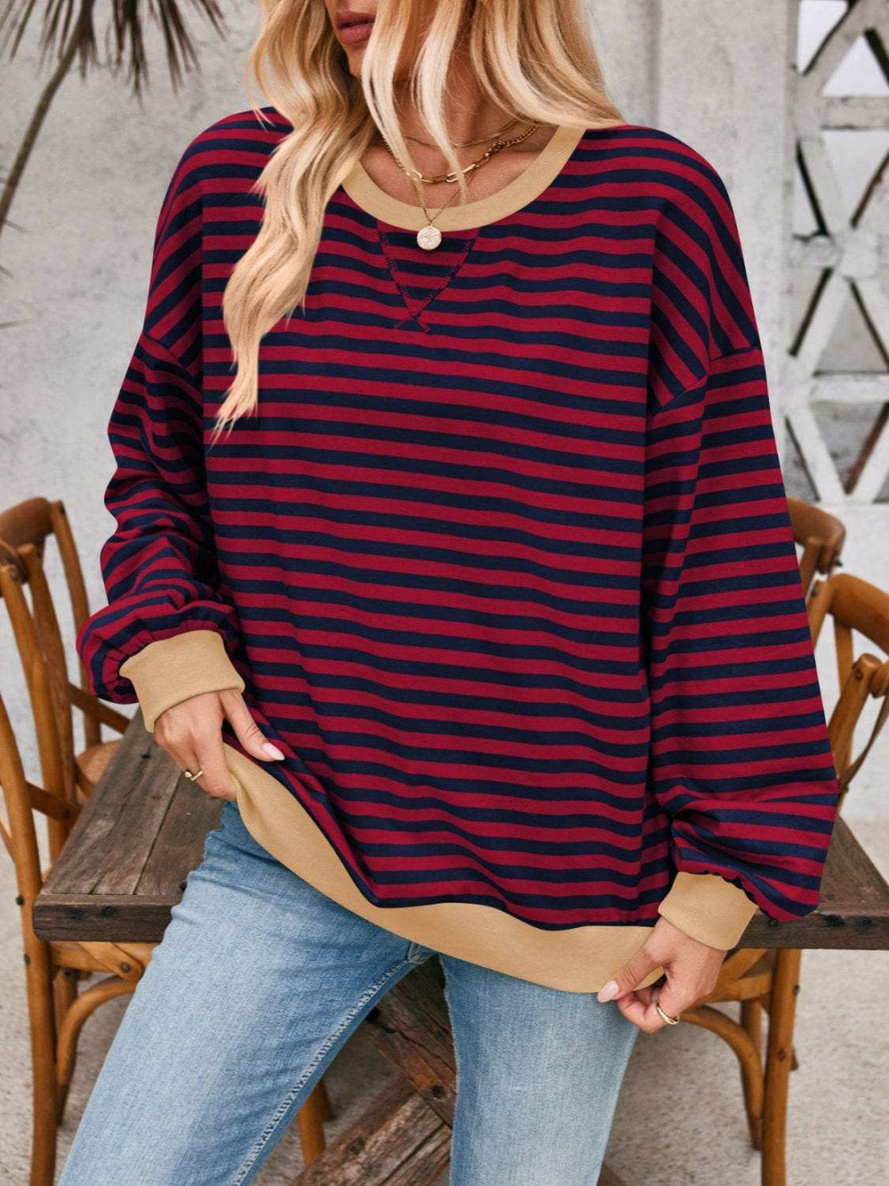 Contrast Striped Long Sleeve Sweatshirt - Trendsi - Flyclothing LLC