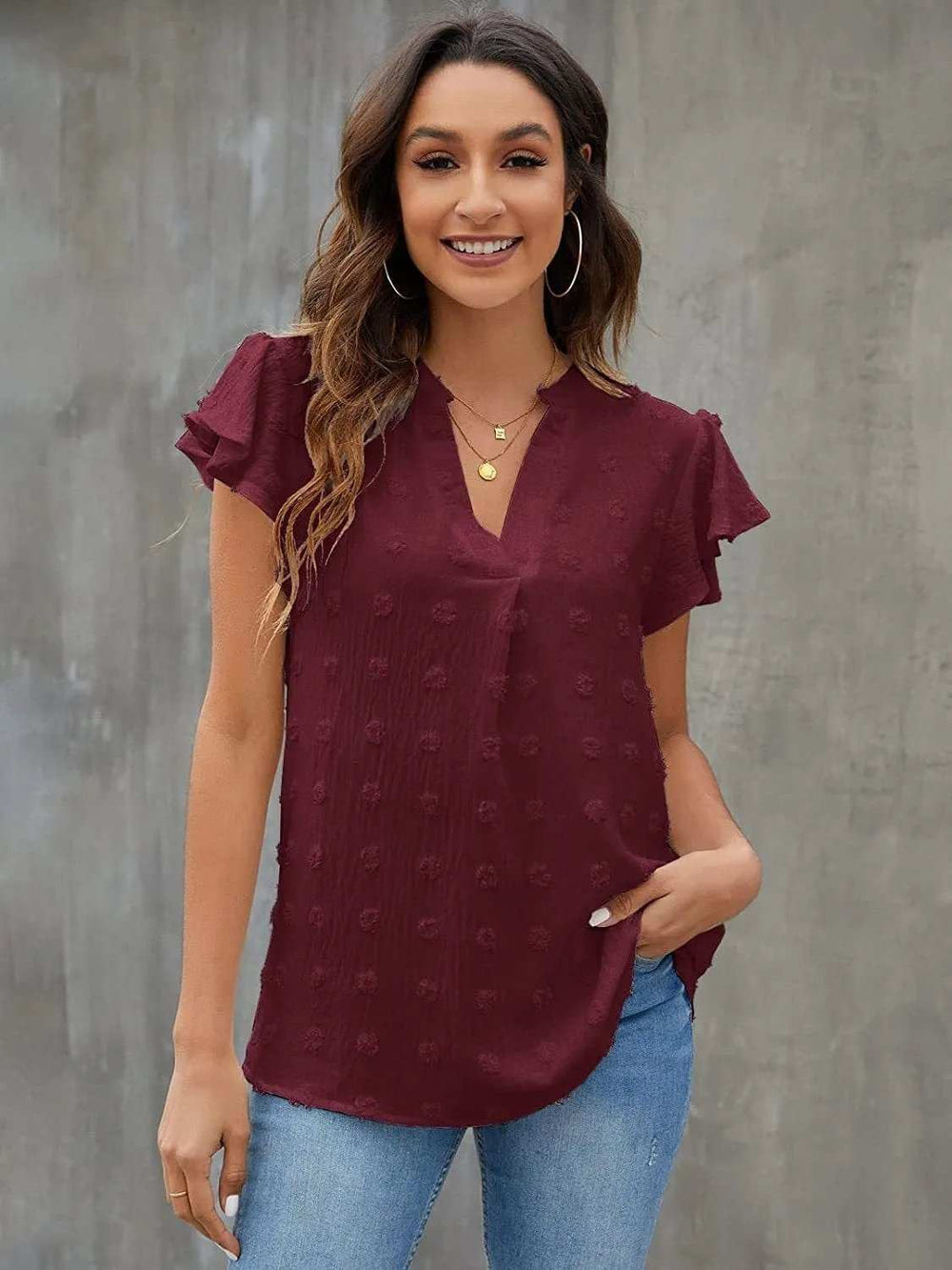 Swiss Dot Notched Flutter Sleeve Blouse - Trendsi - Flyclothing LLC