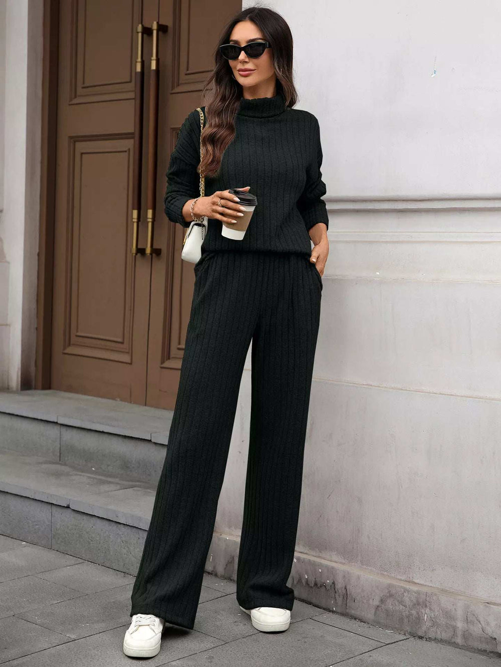 Ribbed Turtleneck Dropped Shoulder Top and Pants Sweater Set - Trendsi - Flyclothing LLC