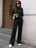 Ribbed Turtleneck Dropped Shoulder Top and Pants Sweater Set - Trendsi - Flyclothing LLC