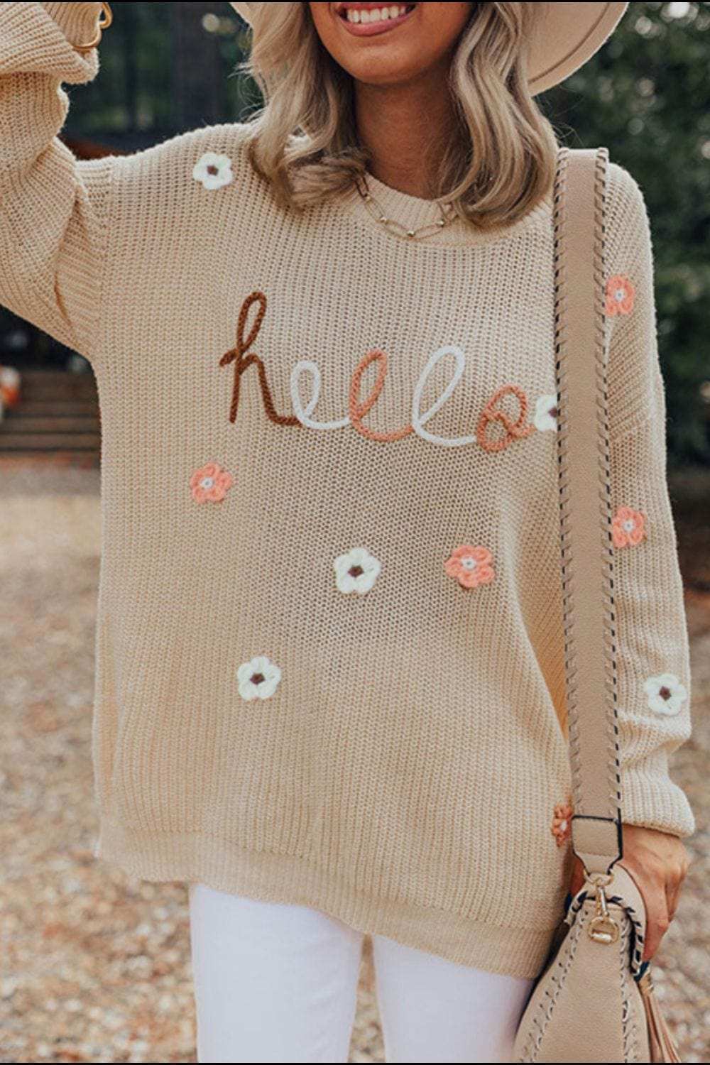 HELLO Flower Round Neck Long Sleeve Sweater - Trendsi - Flyclothing LLC