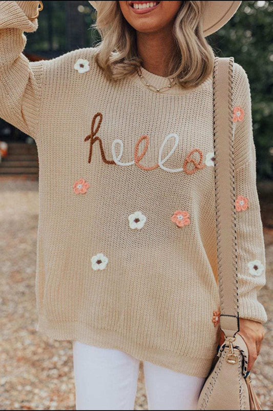HELLO Flower Round Neck Long Sleeve Sweater - Trendsi - Flyclothing LLC