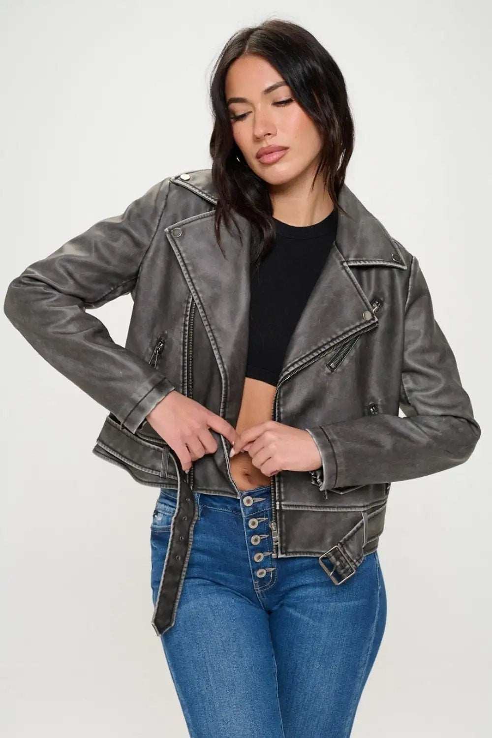 Coalition LA Zip Up Biker Jacket with Belt - Trendsi - Flyclothing LLC
