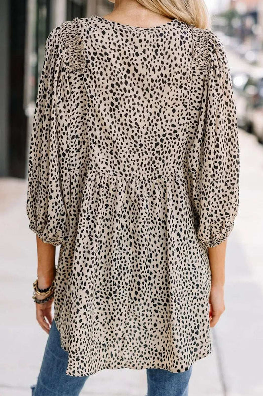 Animal Print V-Neck Three-Quarter Sleeve Blouse - Trendsi - Flyclothing LLC