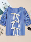 Stripe Tied Front Puff Short Sleeve Top - Trendsi - Flyclothing LLC