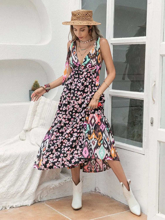 Printed Plunge Sleeveless Midi Dress - Trendsi - Flyclothing LLC