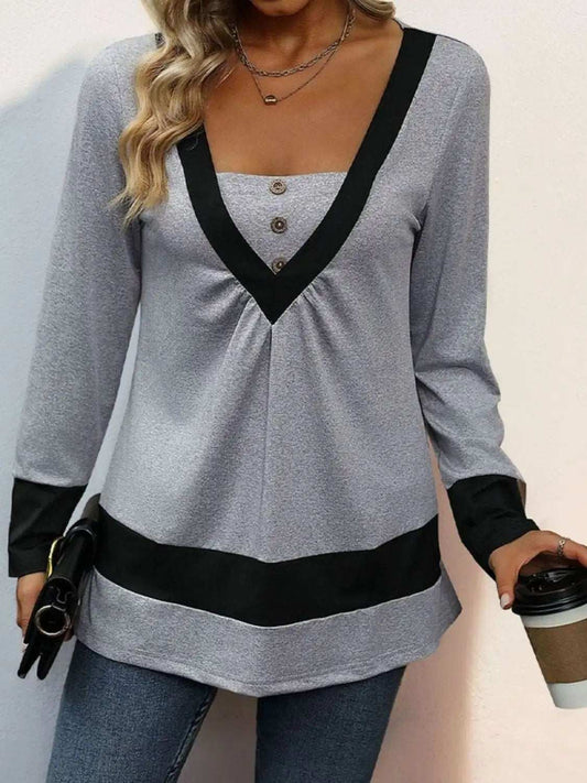 Contrast Long Sleeve T-Shirt - Trendsi - Flyclothing LLC