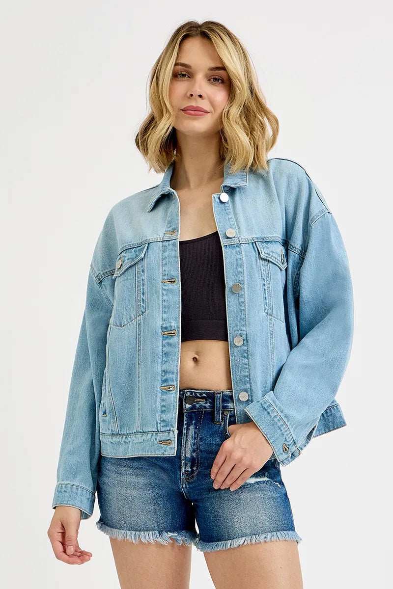 RISEN Washed Dropped Shoulder Denim Jacket - Trendsi - Flyclothing LLC
