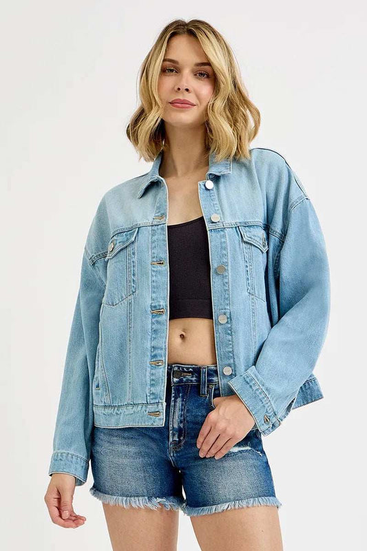 RISEN Washed Dropped Shoulder Denim Jacket - Trendsi - Flyclothing LLC