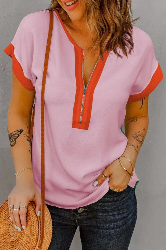 Contrast Half Zip Short Sleeve Top - Trendsi - Flyclothing LLC