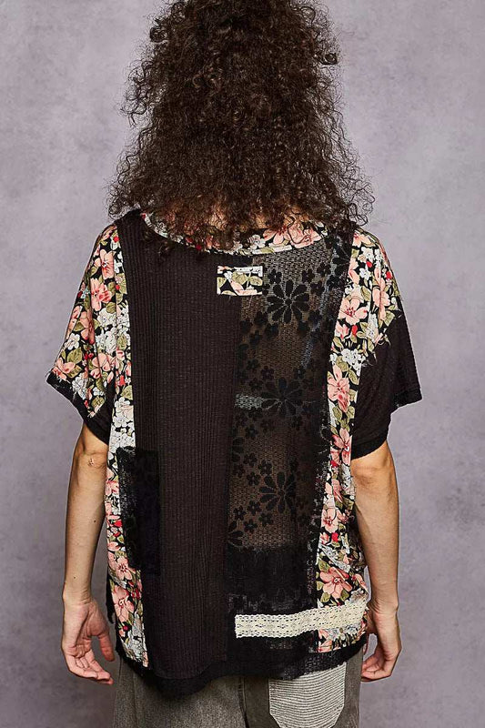 POL Lace Round Neck Short Sleeve Floral Pattern Top with Patch Detail - Trendsi - Flyclothing LLC