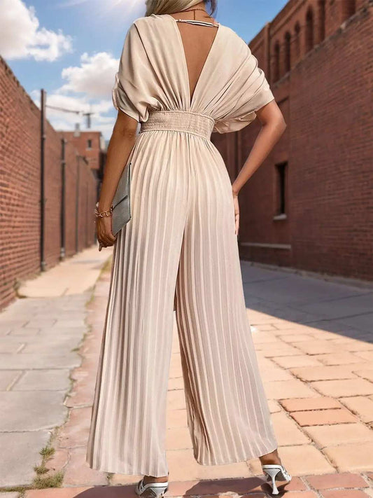 Pleated Short Sleeve Wide Leg Jumpsuit - Trendsi - Flyclothing LLC