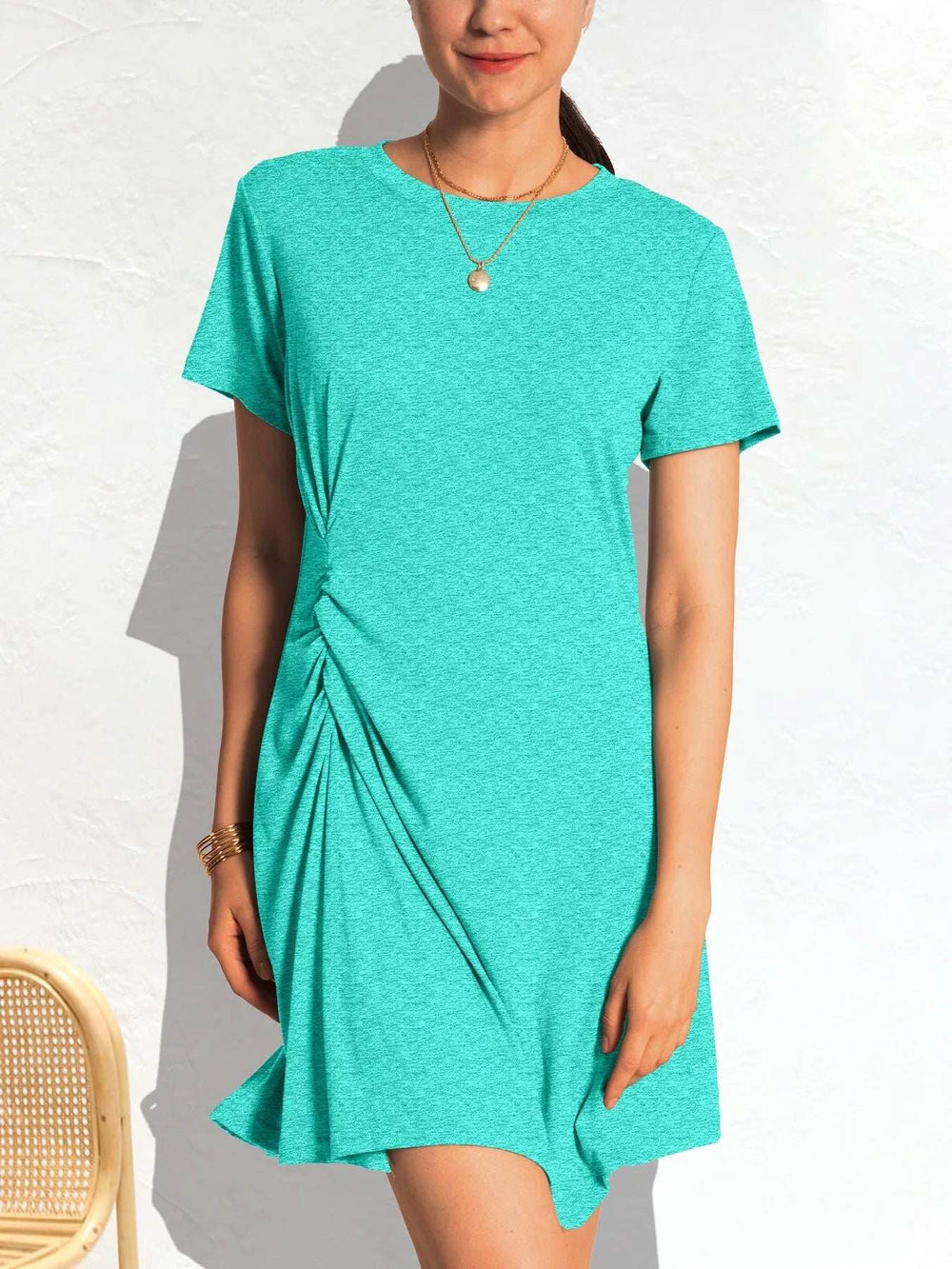 Ruched Short Sleeve Mini Tee Dress - Trendsi - Flyclothing LLC