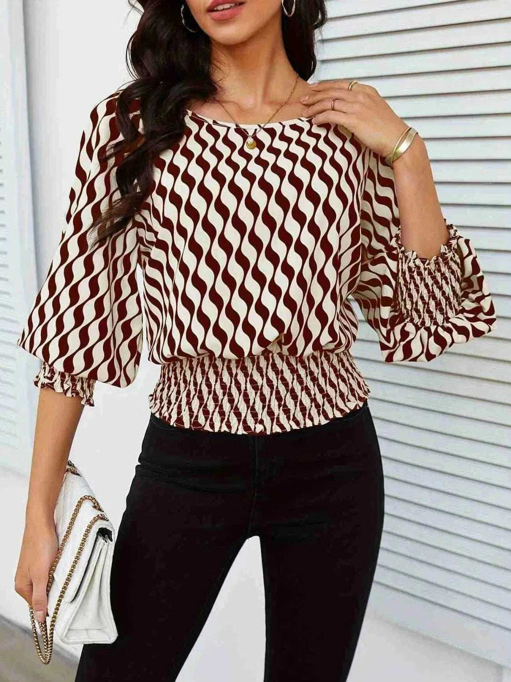 Geometric Print Lantern Sleeve Smocked Waist Blouse - Trendsi - Flyclothing LLC