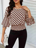 Geometric Print Lantern Sleeve Smocked Waist Blouse - Trendsi - Flyclothing LLC