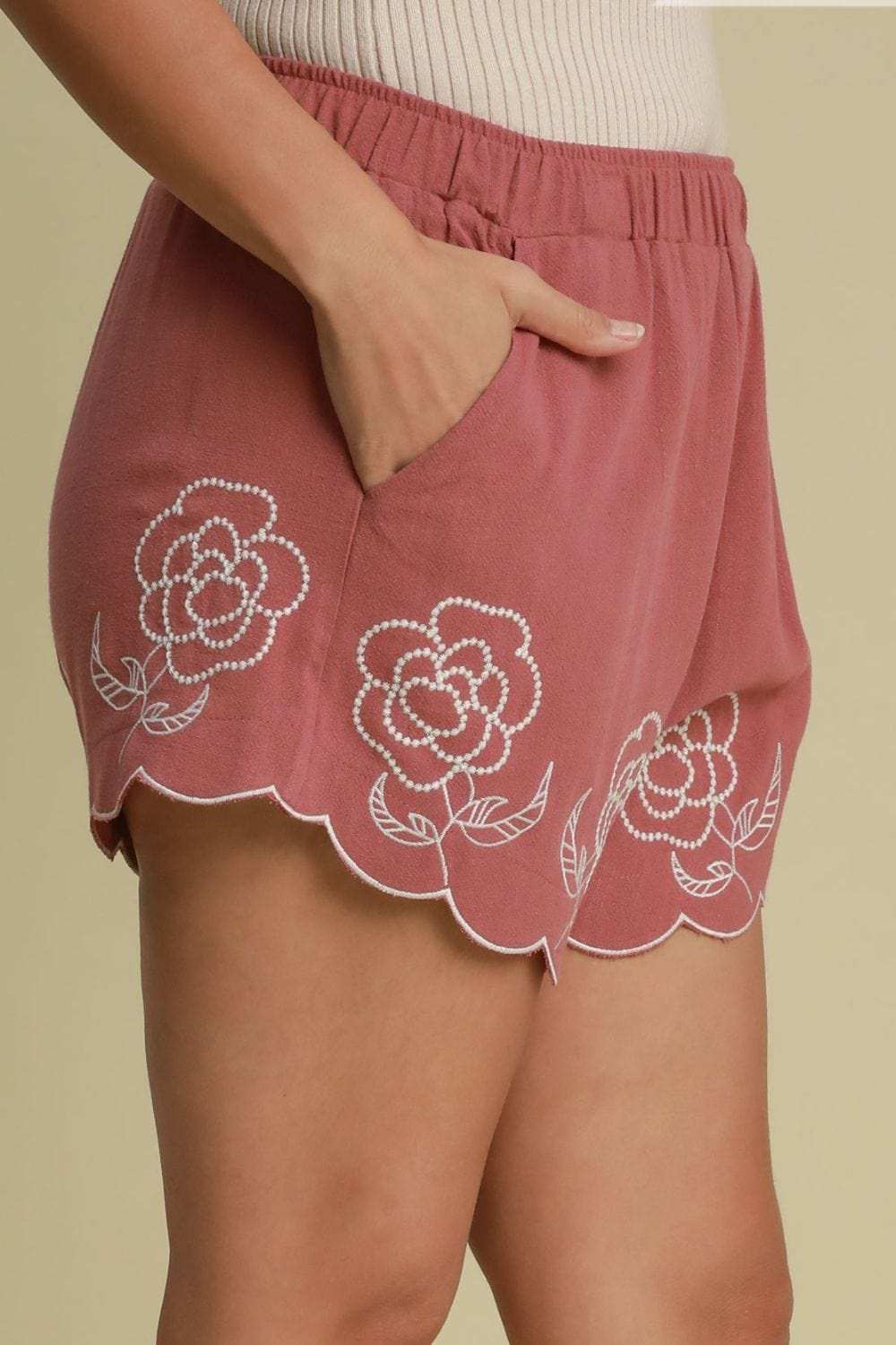 Umgee Full Size Linen Blend Shorts with Floral Embroidered Details Plus Size - Trendsi - Flyclothing LLC