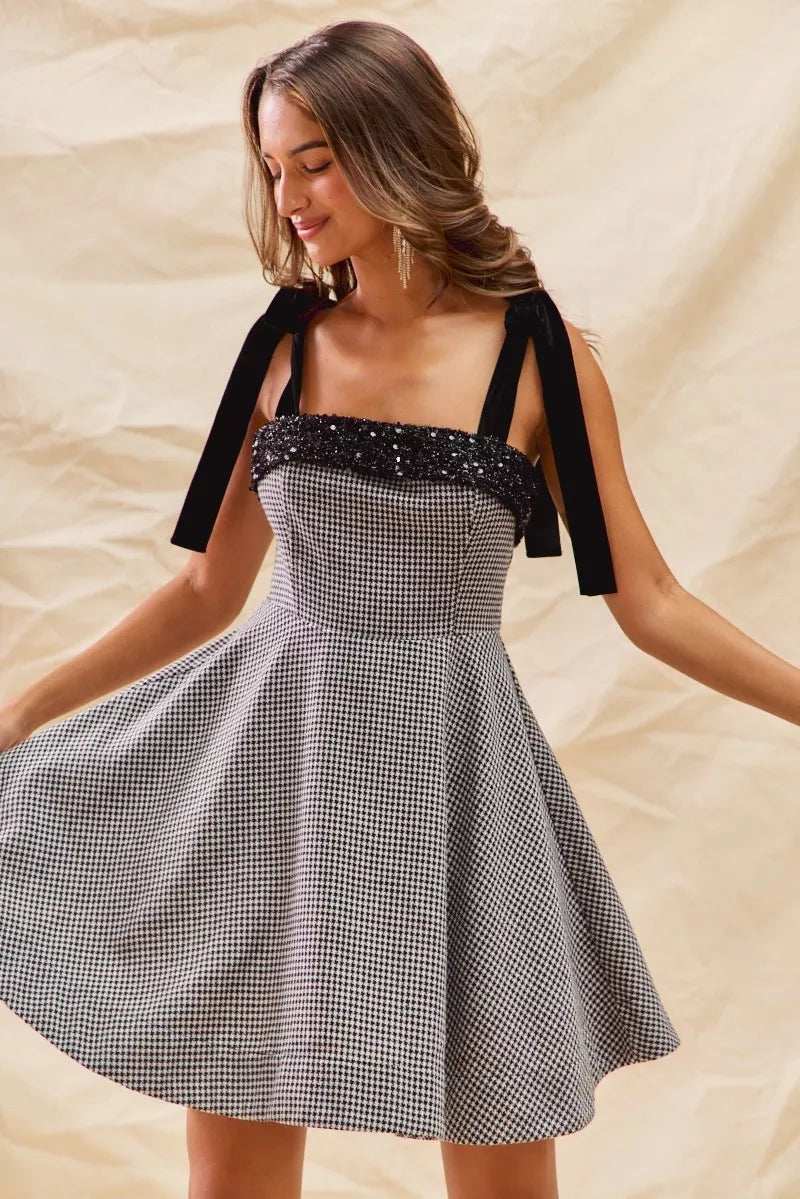 SO ME Houndstooth Fit Flare Mini Dress with Shoulder Tie - Trendsi - Flyclothing LLC