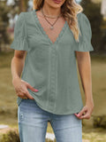 Lace Trim V-Neck Puff Sleeve Blouse - Trendsi - Flyclothing LLC