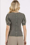 Mittoshop Mineral Wash Puff Sleeve Rib Knit Top - Trendsi - Flyclothing LLC