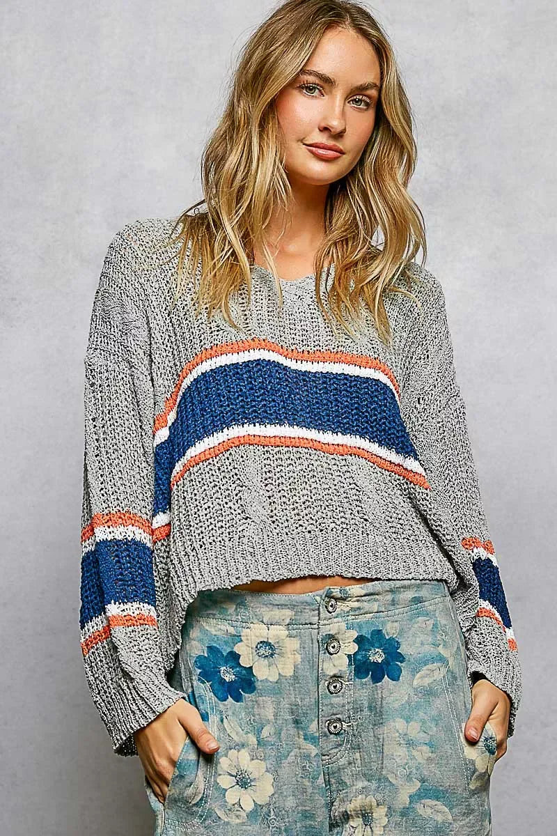 POL V-Neck Striped Pattern Cropped Knit Top with Cable Knit Detail - Trendsi - Flyclothing LLC