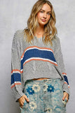 POL V-Neck Striped Pattern Cropped Knit Top with Cable Knit Detail - Trendsi - Flyclothing LLC