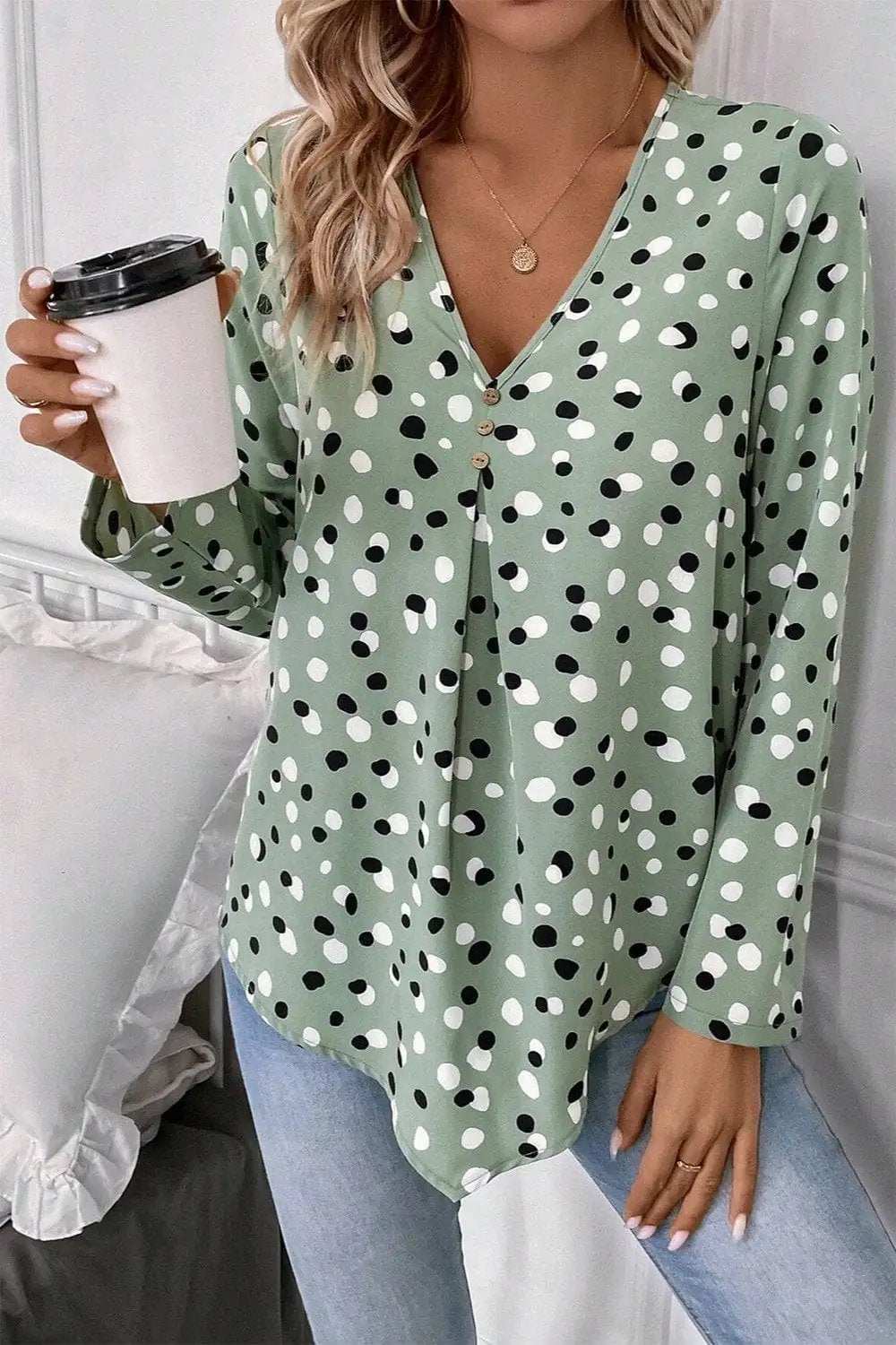 Printed V-Neck Long Sleeve Blouse - Trendsi - Flyclothing LLC