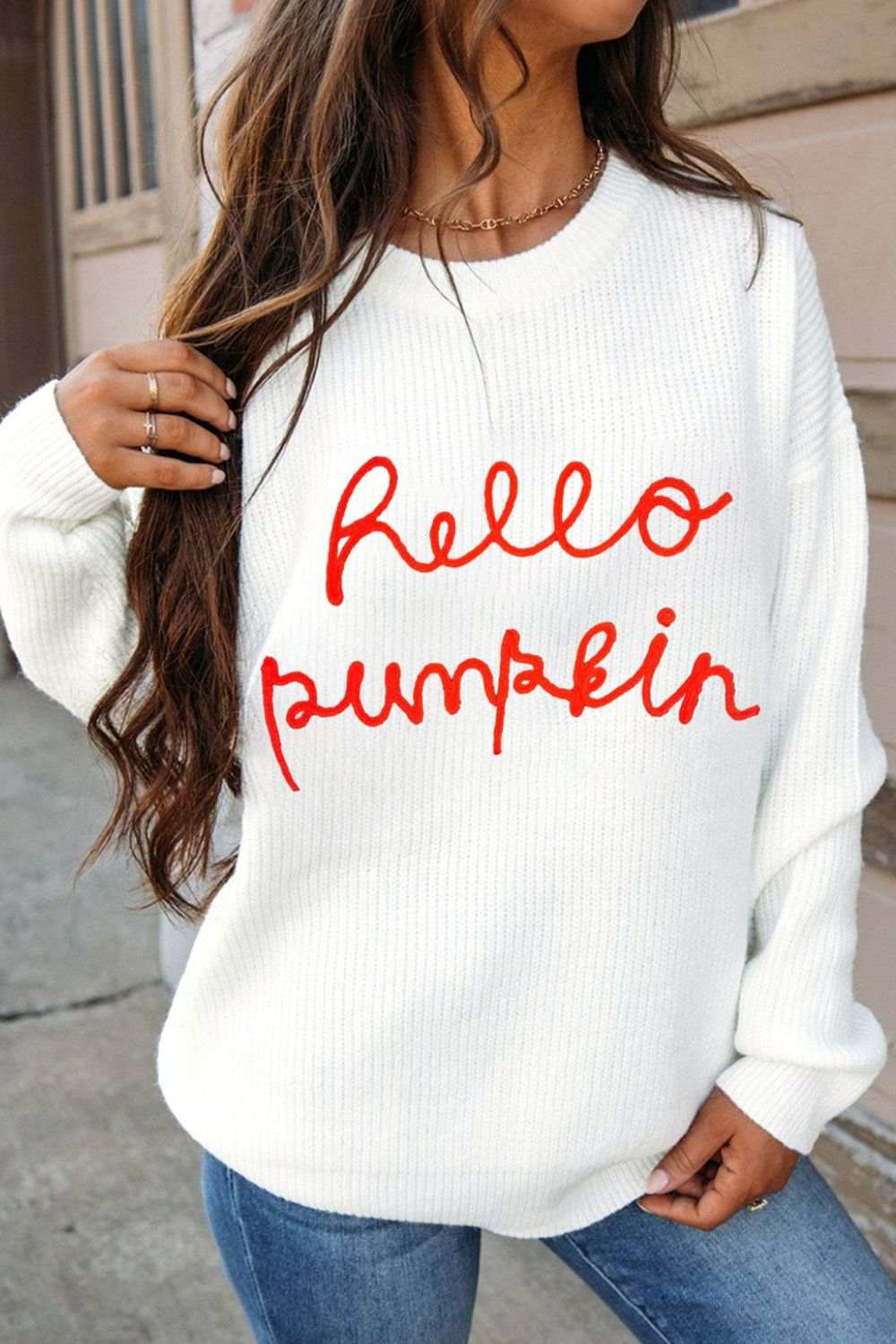 HELLO PUMPKIN Round Neck Long Sleeve Sweater - Trendsi - Flyclothing LLC