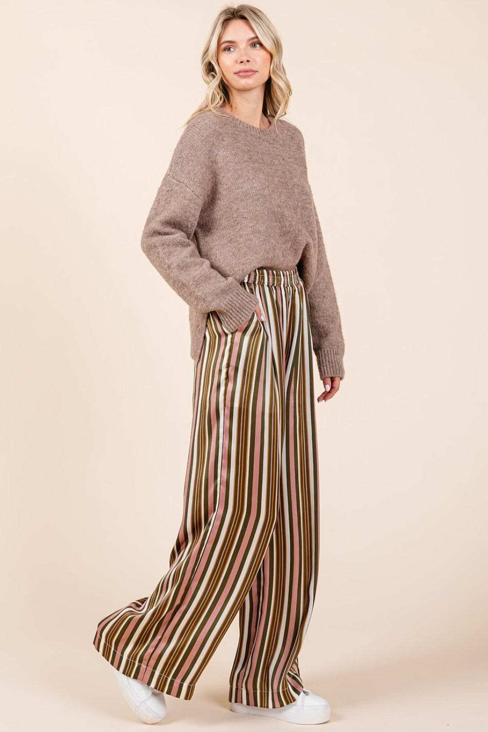 Mittoshop Striped Satin Elastic Waist Wide Leg Pants - Trendsi - Flyclothing LLC