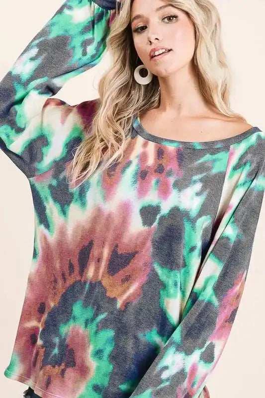 BiBi Tie Dye Print Terry Top with Puff Sleeves - Trendsi - Flyclothing LLC