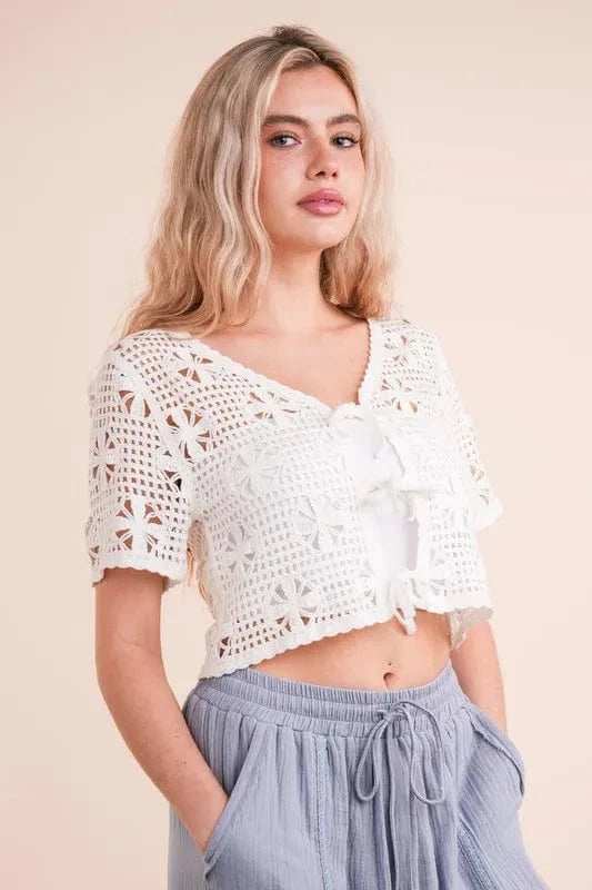 VERY J Front Tie Crochet Crop Top - Trendsi - Flyclothing LLC