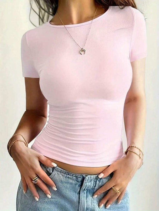 Round Neck Short Sleeve T-Shirt - Trendsi - Flyclothing LLC