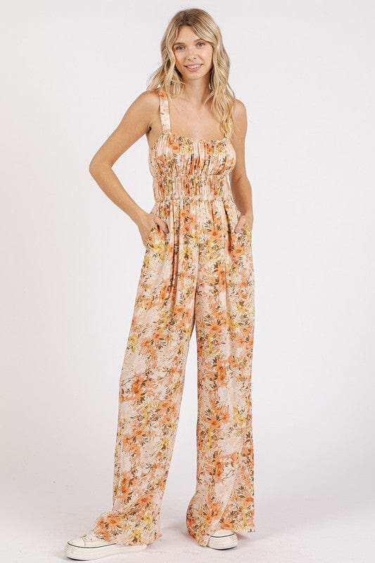 Mittoshop Flower Print Gathered Bust Sleeveless Jumpsuit - Trendsi - Flyclothing LLC