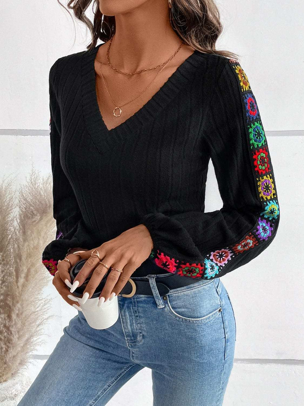 V-Neck Crochet Long Sleeve Top - Trendsi - Flyclothing LLC