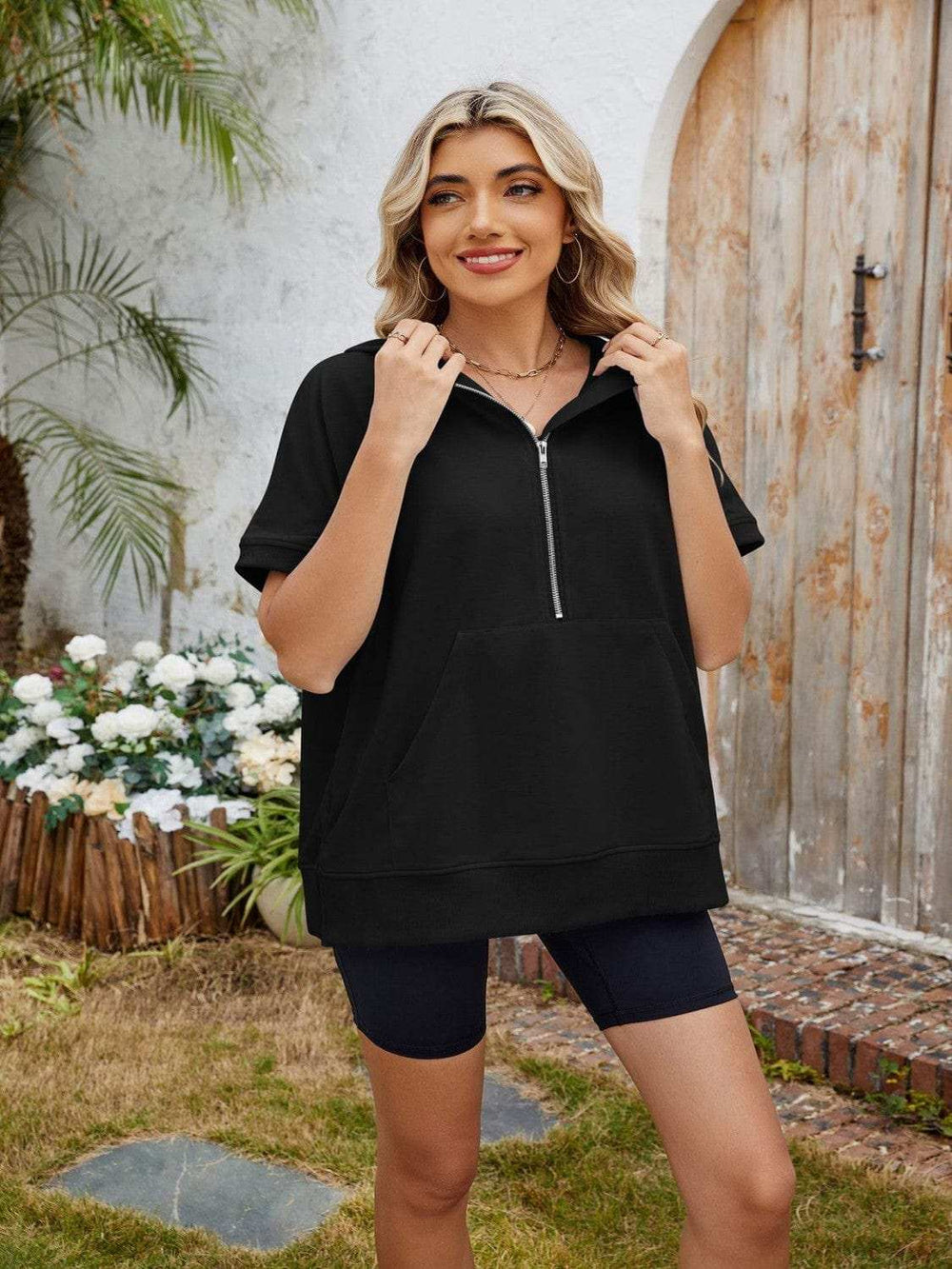 Half Zip Short Sleeve Hooded Top - Trendsi - Flyclothing LLC