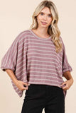 Mittoshop Texture Striped Print Round Neck Dolman Sleeve Top - Trendsi - Flyclothing LLC