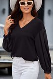 Waffle-Knit V-Neck Long Sleeve Blouse - Trendsi - Flyclothing LLC