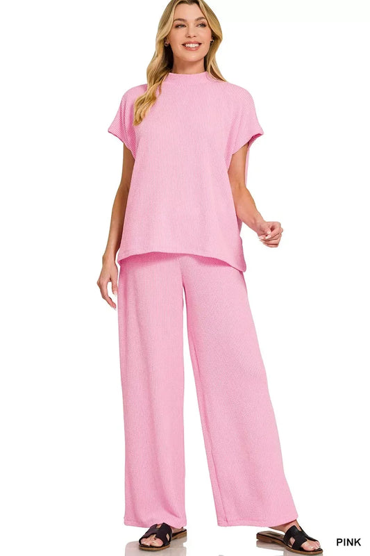 Zenana Raised Rib Short Sleeve Tee & Pants Set - Trendsi - Flyclothing LLC