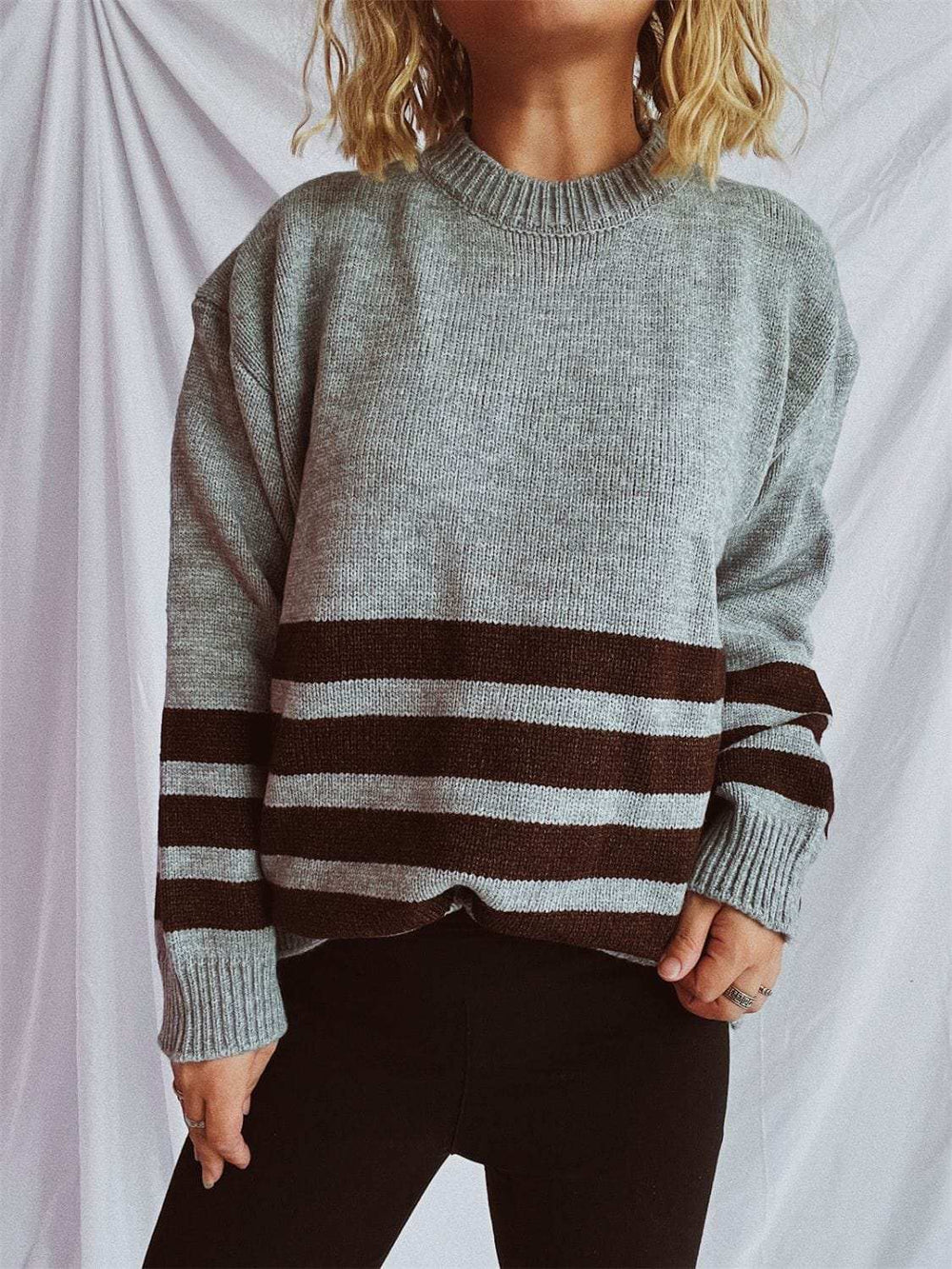 Striped Dropped Shoulder Long Sleeve Sweater - Trendsi - Flyclothing LLC