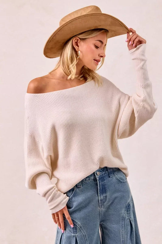BiBi Waffle Knit Off Shoulder Top - Trendsi - Flyclothing LLC