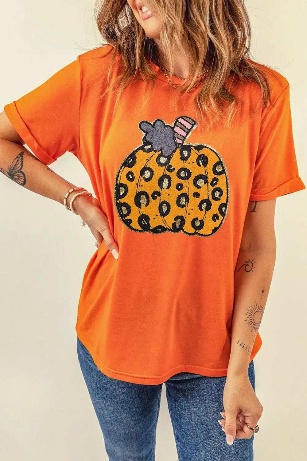Pumpkin Round Neck Short Sleeve T-Shirt - Trendsi - Flyclothing LLC