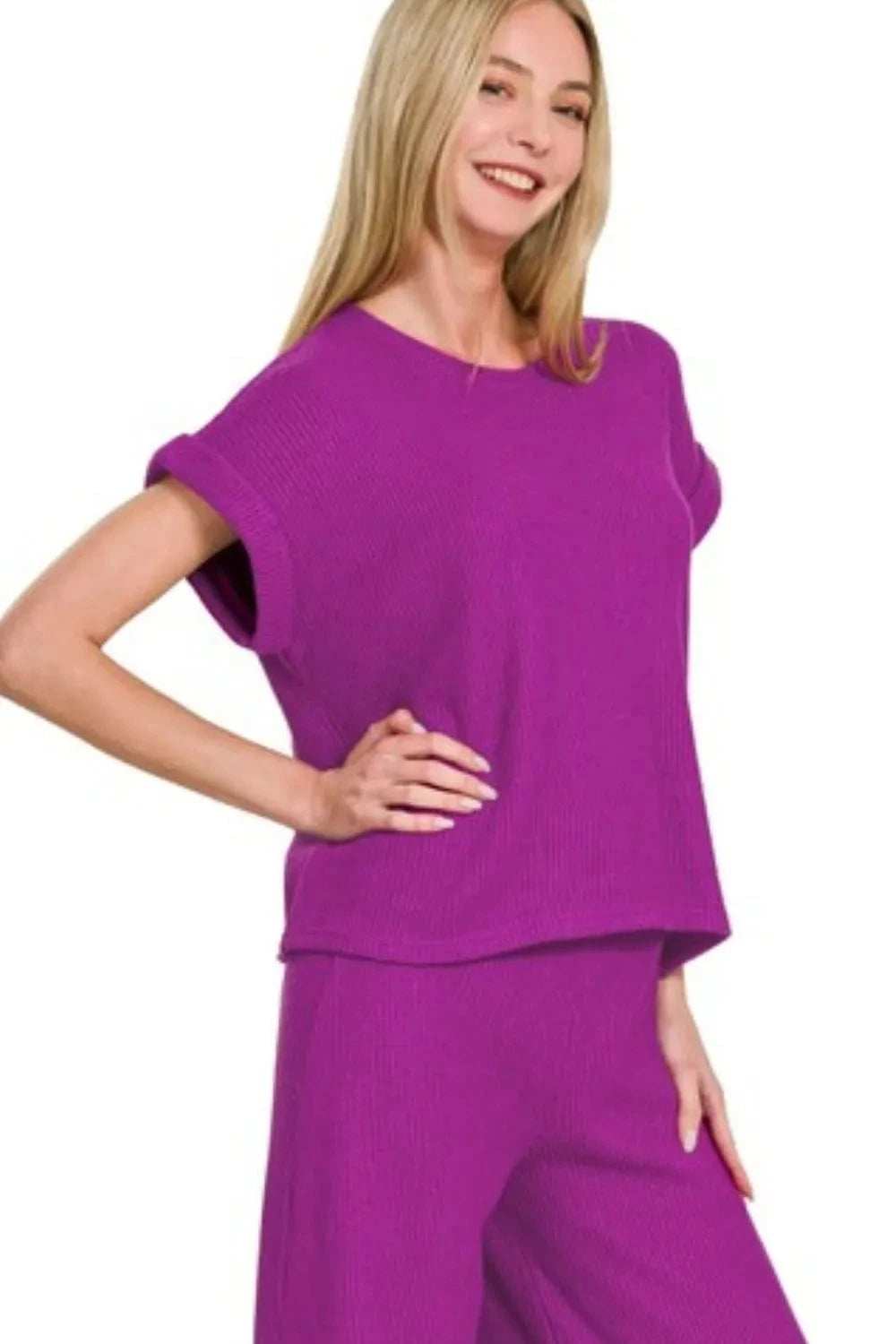 Zenana Rolled Sleeve Top and Pants Sweater Set - Trendsi - Flyclothing LLC